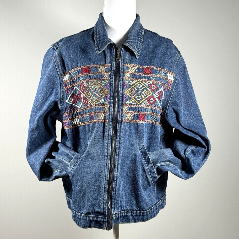 Vintage Southwestern Denim Jacket Aztec Embroidered‎ Boho Western Womens L